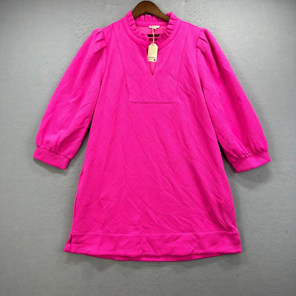 JODIFL Mini Dress Womens XL Pink Ruffle Neck Textured Puff Sleeve Barbiecore NEW